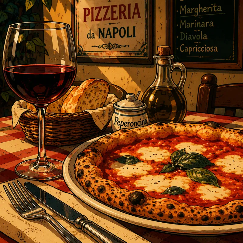 Katettu pöytä italialaisessa pizzeriassa ja lasi punaviiniä Katettu pöytä italialaisessa pizzeriassa ja lasi punaviiniä