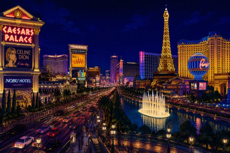 Las Vegasin kuuluisa neonvaloin valaistu katu yöllä Las Vegasin kuuluisa neonvaloin valaistu katu yöllä