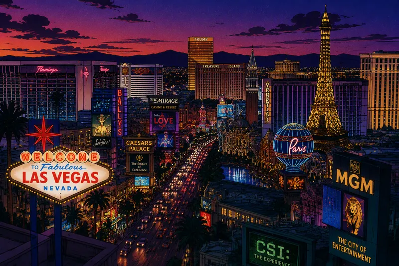 Las Vegasin siluetti iltavalaistuksessa Las Vegasin siluetti iltavalaistuksessa