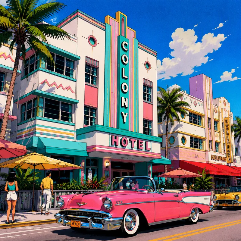 Art Deco -arkkitehtuuria Miamin South Beachin alueella