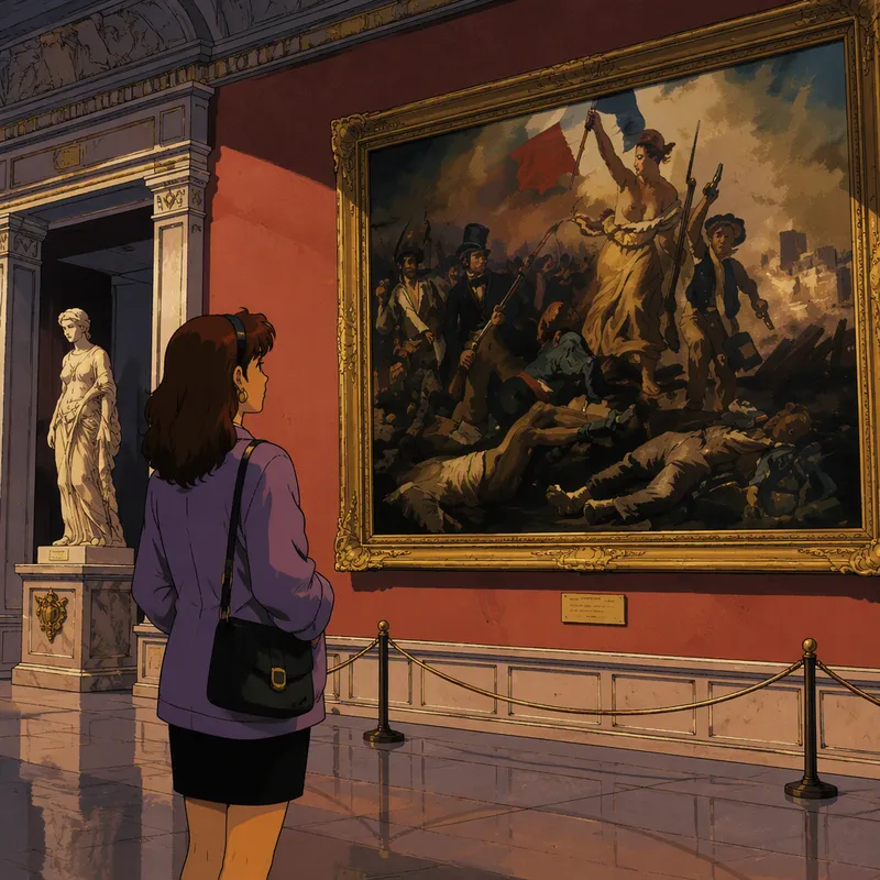 Museovieras ihailemassa taideteoksia galleriassa Museovieras ihailemassa taideteoksia galleriassa