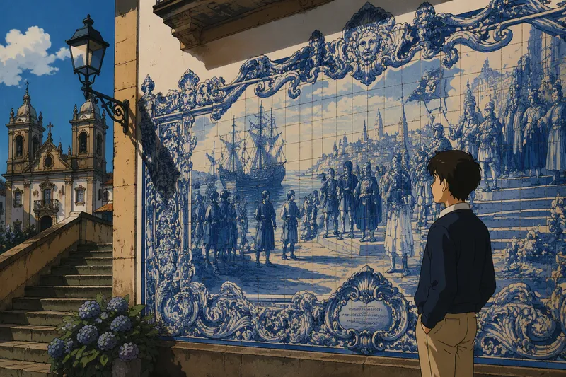 Taidokas sinivalkoinen azulejo-mosaiikki historiallisella seinällä