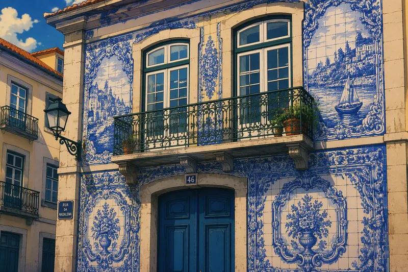 Perinteiset sinivalkoiset azulejo-kaakelit rakennuksen seinässä