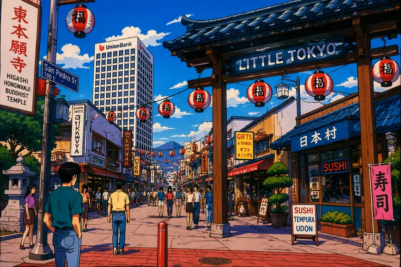 Perinteisiä lyhtyjä ja kaupunkinäkymää Little Tokyossa