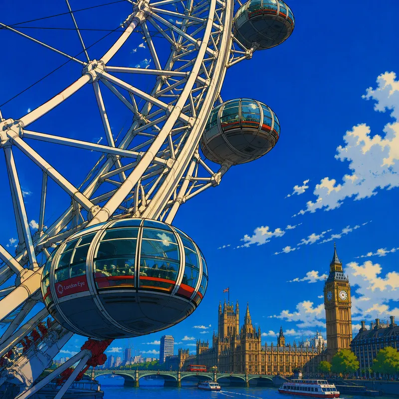 London Eye -maailmanpyörän rakenteita sinistä taivasta vasten London Eye -maailmanpyörän rakenteita sinistä taivasta vasten