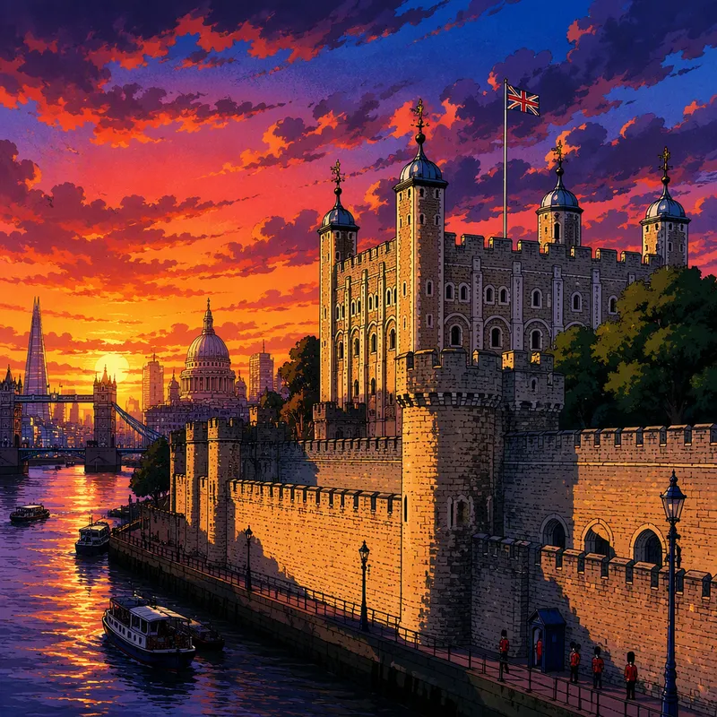 Towerin linnan historialliset kivimuurit auringonlaskussa Towerin linnan historialliset kivimuurit auringonlaskussa