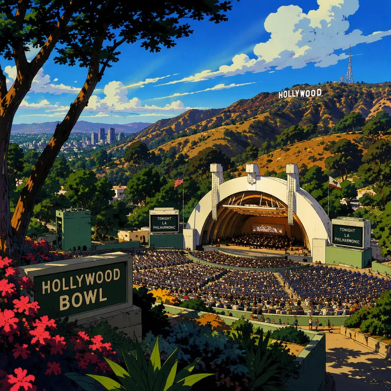 Hollywood Bowl -amfiteatteri vehreässä puistomaisemassa Hollywood Bowl -amfiteatteri vehreässä puistomaisemassa