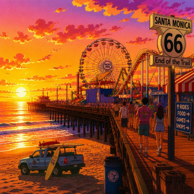 Santa Monica Pierin laituri ja huvipuisto auringonlaskussa Santa Monica Pierin laituri ja huvipuisto auringonlaskussa