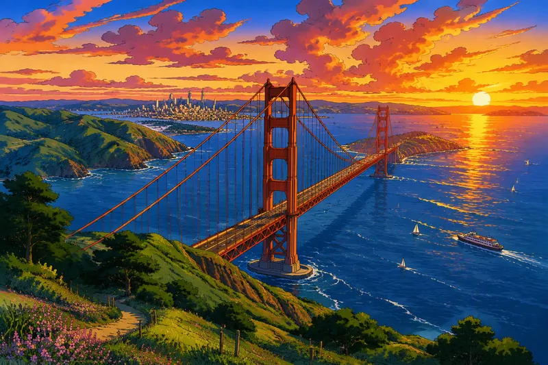 Golden Gate -silta ja ympäröivä luonto meren rannalla