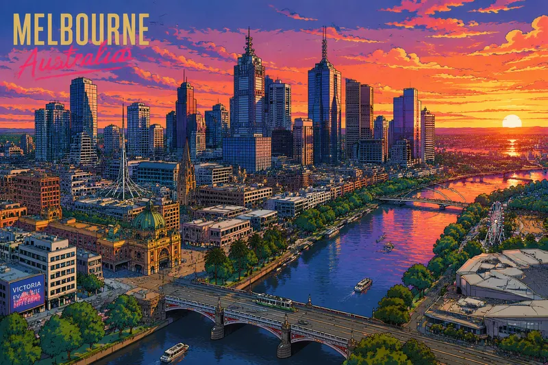 Melbournen kaupunkinäkymä ja horisontti auringonlaskun aikaan Melbournen kaupunkinäkymä ja horisontti auringonlaskun aikaan