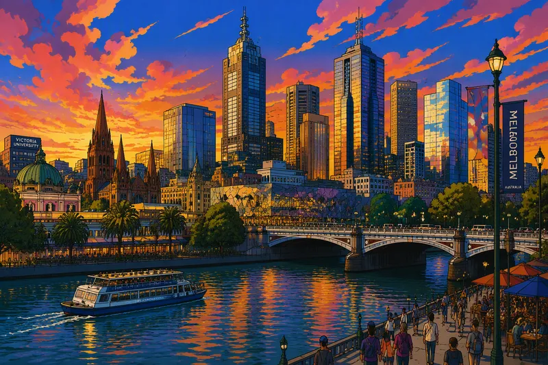 Melbournen kaupungin horisontti auringonlaskun aikaan Melbournen kaupungin horisontti auringonlaskun aikaan