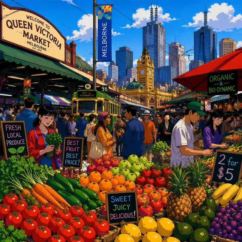 Queen Victoria Marketin vilkkaat ruokakojut ja tuoretuotteet Queen Victoria Marketin vilkkaat ruokakojut ja tuoretuotteet
