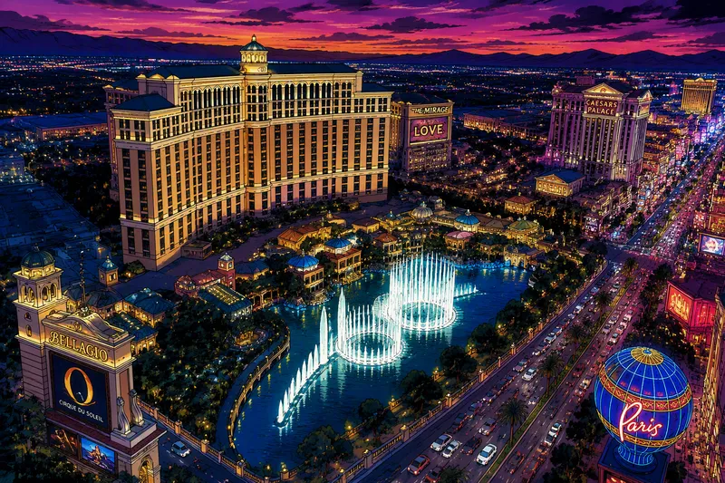 Suuri hotellikompleksi Las Vegas Stripin varrella hämärässä