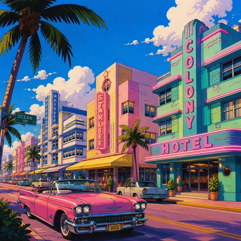 Art Deco -tyylisiä värikkäitä rakennuksia Miamissa Art Deco -tyylisiä värikkäitä rakennuksia Miamissa