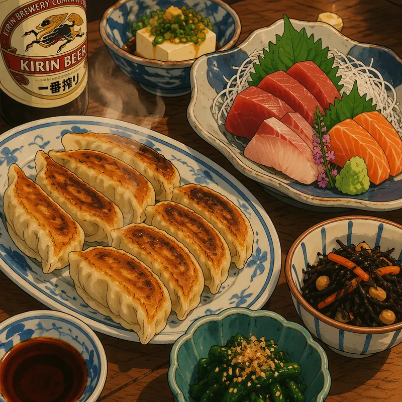 Japanilaisia lisukkeita kuten gyoza-nyyttejä