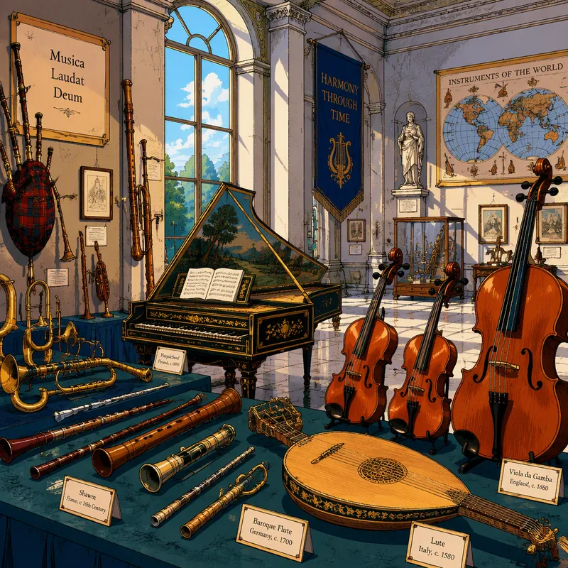 Erilaisia historiallisia musiikki-instrumentteja museon näyttelyssä Erilaisia historiallisia musiikki-instrumentteja museon näyttelyssä