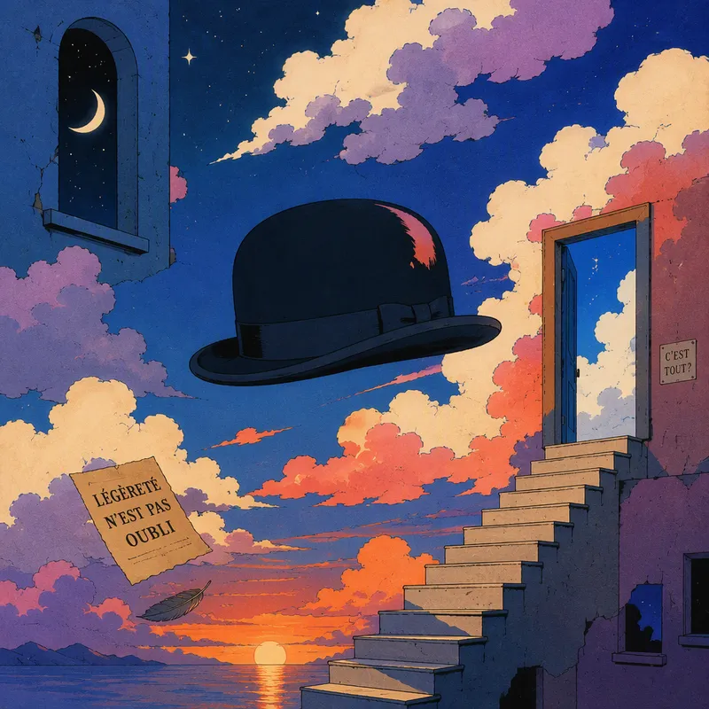 Surrealistinen hattu leijuu unenomaisella taivaalla Surrealistinen hattu leijuu unenomaisella taivaalla