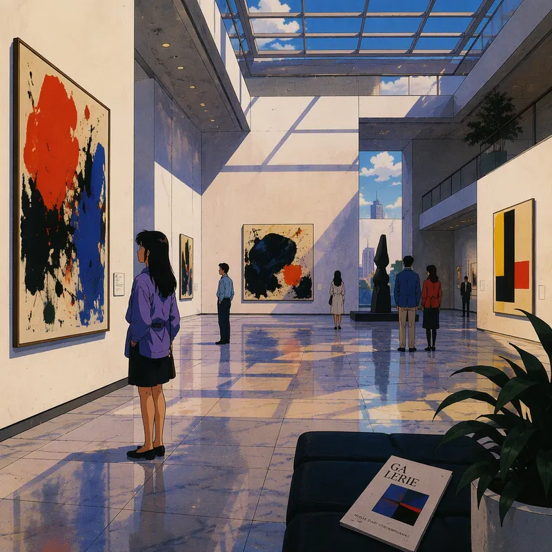 Taidegallerian avara näyttelytila ja taideteoksia Taidegallerian avara näyttelytila ja taideteoksia