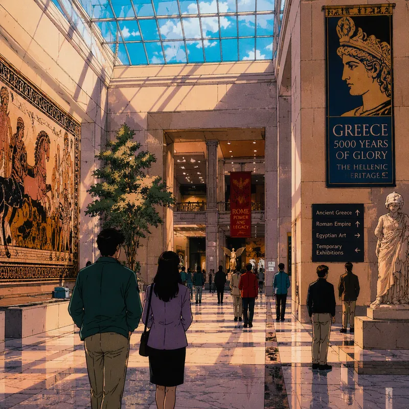 Ihmisiä kävelemässä modernissa museotilassa