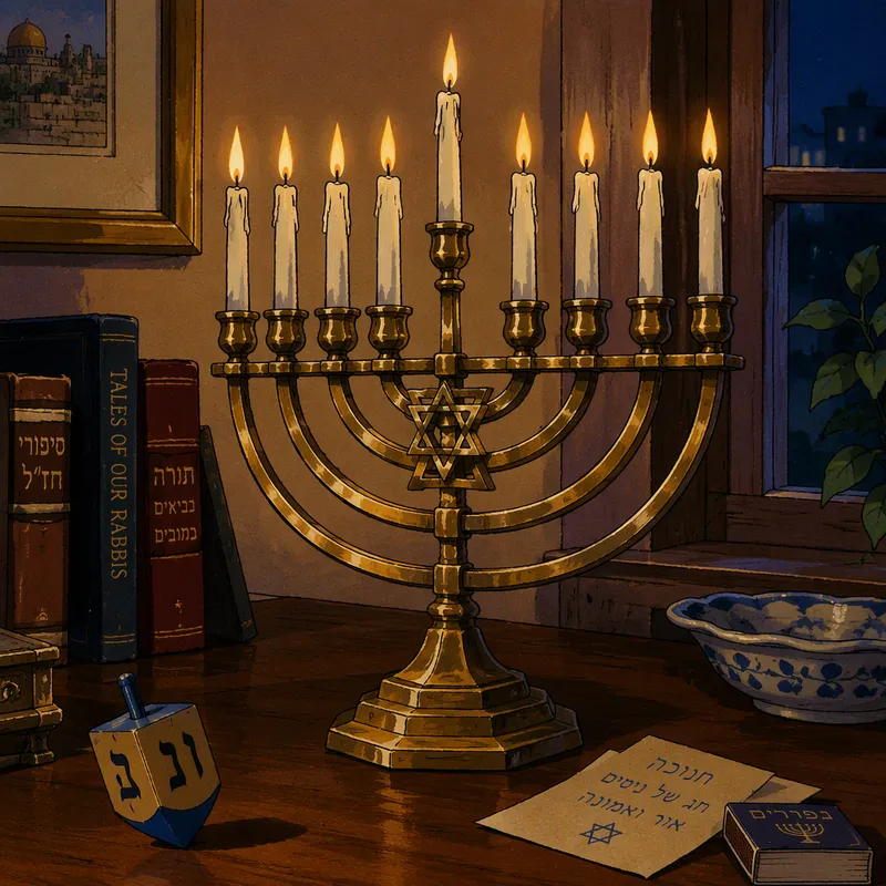 Perinteinen menorah-kynttelikkö puisella pöydällä