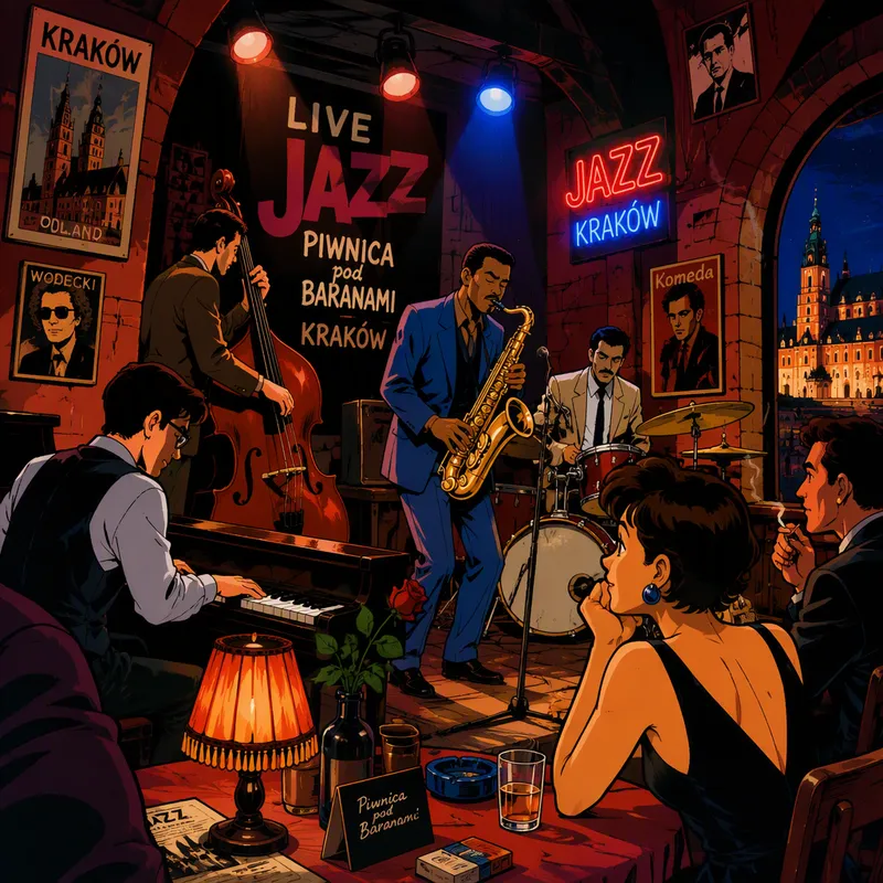 Jazz-klubin tunnelmallinen sisätila hämärässä valaistuksessa