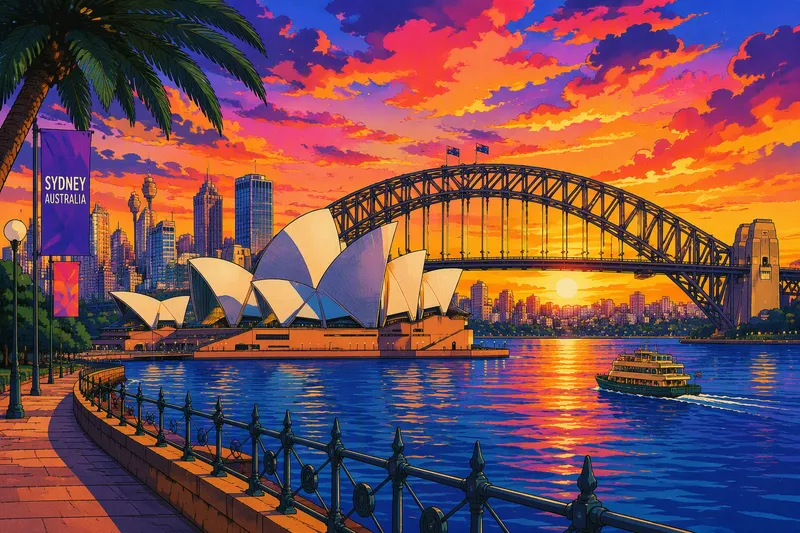 Sydneyn oopperatalo ja satamasilta auringonlaskun aikaan Sydneyn oopperatalo ja satamasilta auringonlaskun aikaan
