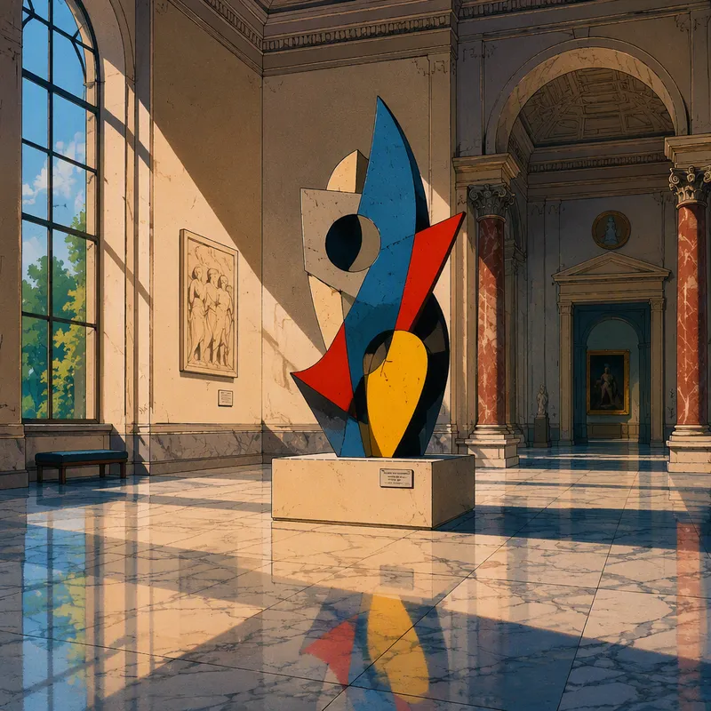 Abstrakti veistos museon valoisassa galleriatilassa