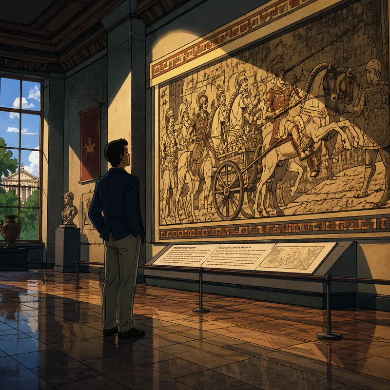 Museovieras tutkimassa taidenäyttelyä