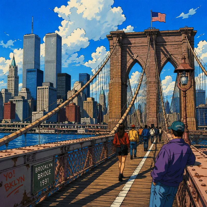 Brooklynin silta ja kaupungin siluetti taustalla