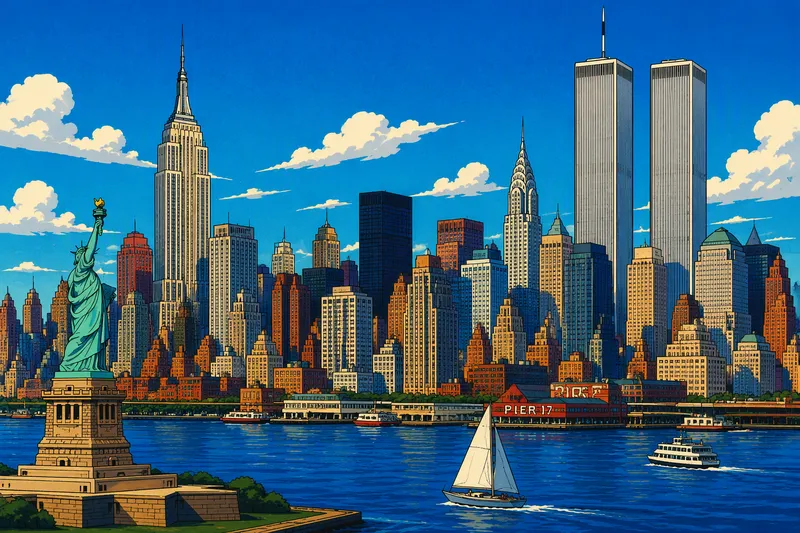 New Yorkin pilvenpiirtäjät ja horisontti kirkkaana päivänä