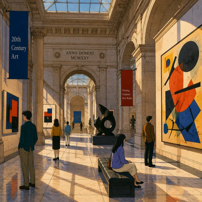 Vierailijoita tutkimassa taideteoksia avarassa galleriatilassa Vierailijoita tutkimassa taideteoksia avarassa galleriatilassa