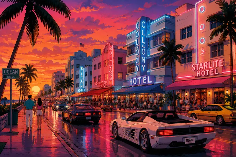 Ocean Driven värikkäät Art Deco -rakennukset auringonlaskun aikaan