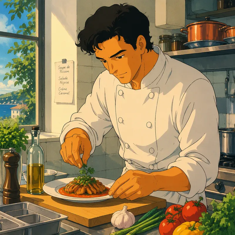 Kokki valmistamassa annoksia modernissa keittiössä