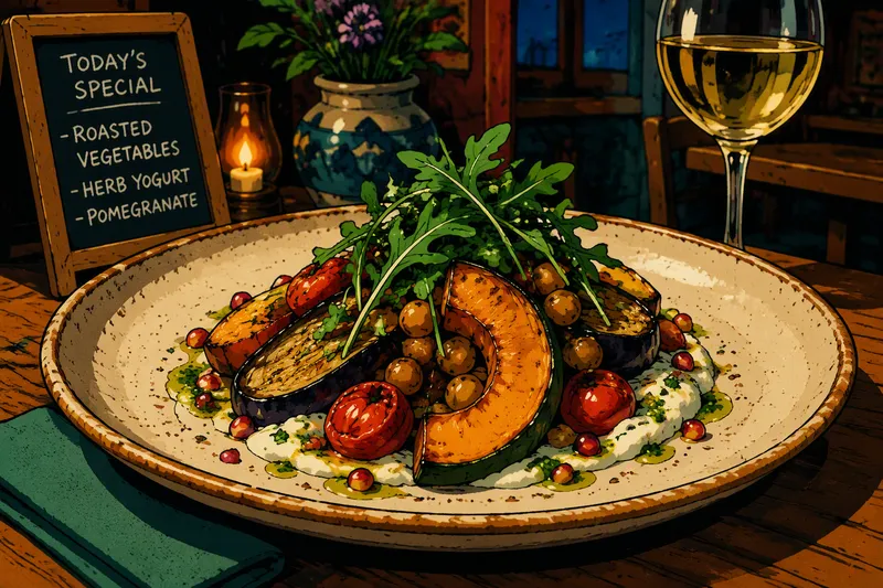 Gourmeettason kasvisannos ravintolan pöydässä