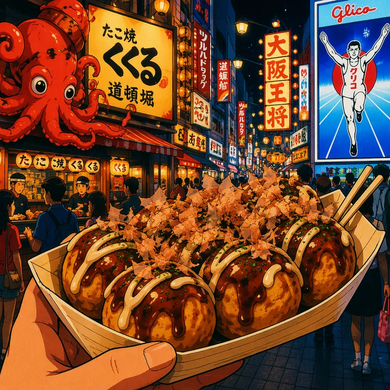 Paistettuja takoyaki-palloja kastikkeella tarjoiltuna