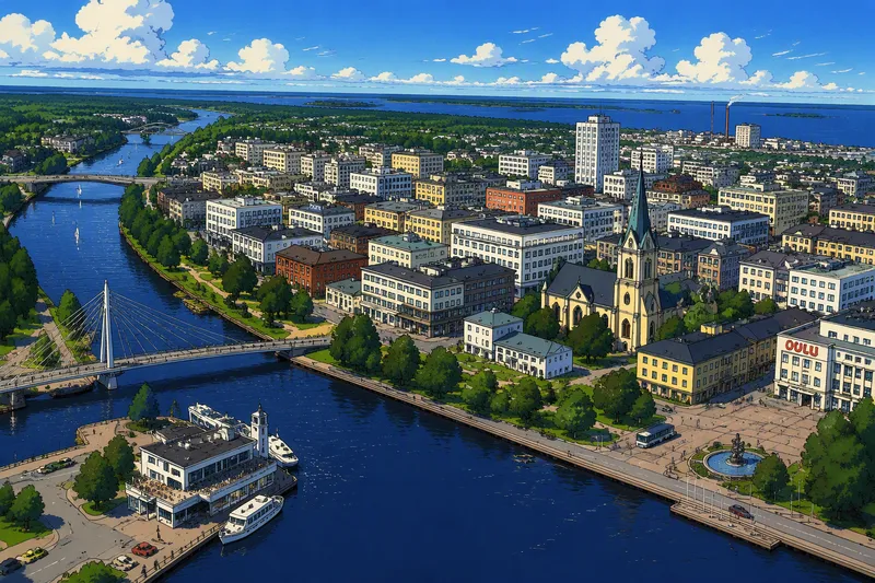 Oulun kaupungin keskusta ja jokivarsi kesäpäivänä