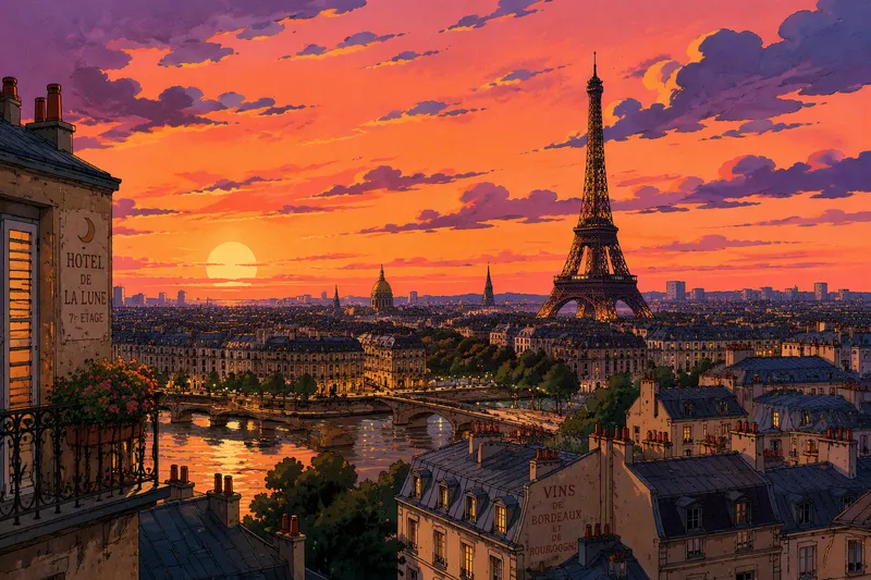 Eiffel-torni nähtynä Pariisin yllä auringonlaskun aikaan Eiffel-torni nähtynä Pariisin yllä auringonlaskun aikaan