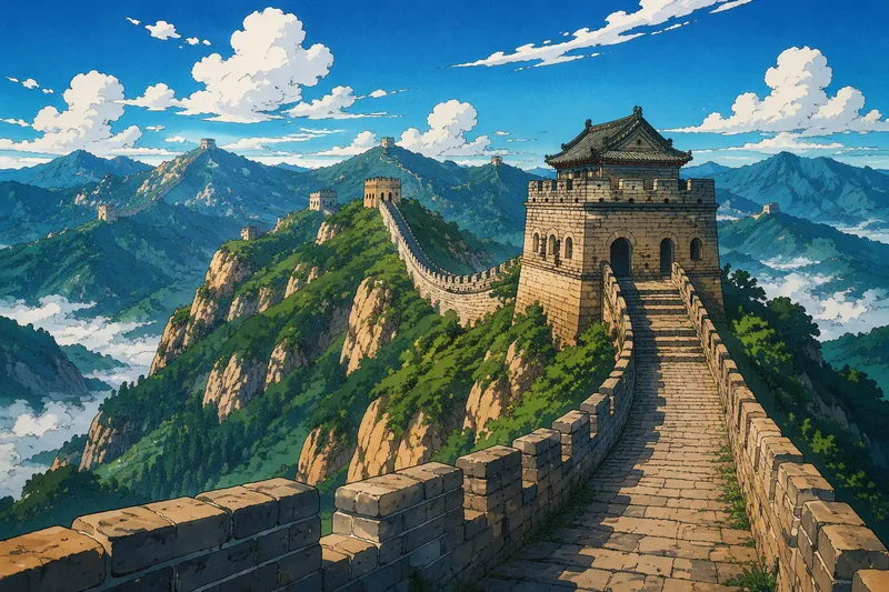 Kiinan muuri kumpuilevassa vuoristomaisemassa