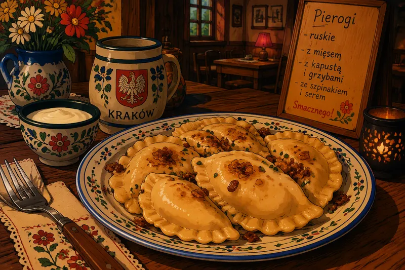 Perinteisiä puolalaisia pierogi-nyyttejä lautasella