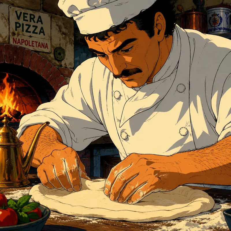 Pizzamestari valmistelee taikinaa perinteisessä pizzeriassa