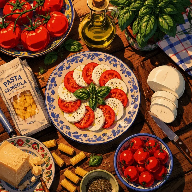 Tuoreita italialaisia raaka-aineita pöydällä