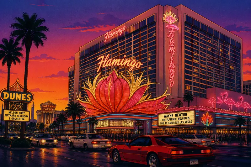 Las Vegasin historiallisen hotellin julkisivu illan hämärässä