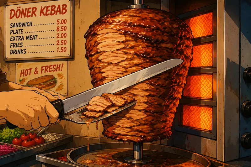 Mehevä kebabvartaassa kypsyvä liha ravintolassa Mehevä kebabvartaassa kypsyvä liha ravintolassa