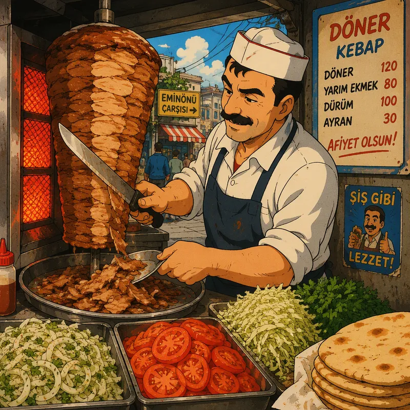 Tuoretta kebablihaa ja kasviksia valmistumassa ravintolan keittiössä Tuoretta kebablihaa ja kasviksia valmistumassa ravintolan keittiössä