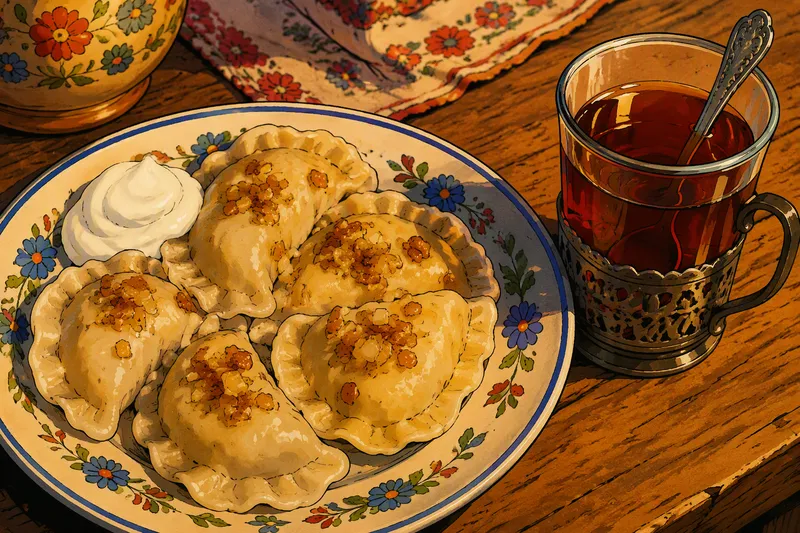 Perinteisiä puolalaisia nyyttejä ja teetä pöydällä