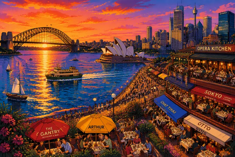 Sydneyn satama ja ravintoloiden terassit auringonlaskussa Sydneyn satama ja ravintoloiden terassit auringonlaskussa