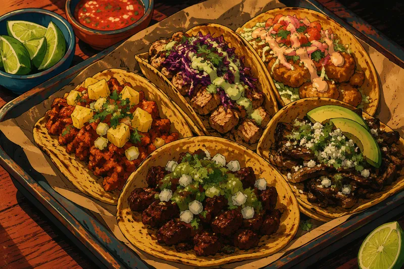 Valikoima tuoreita tacoja eri täytteillä Valikoima tuoreita tacoja eri täytteillä
