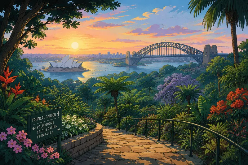 Royal Botanic Gardenin vehreät maisemat ja sataman maamerkit Royal Botanic Gardenin vehreät maisemat ja sataman maamerkit