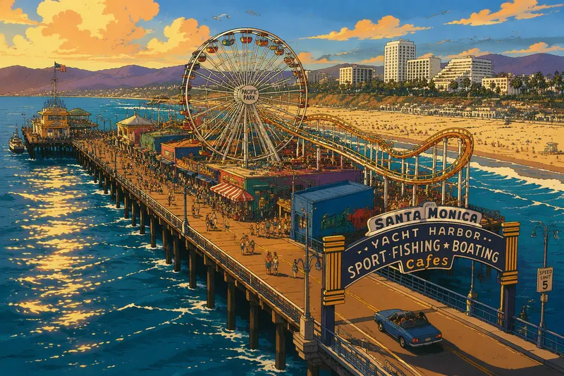 Santa Monica Pier ja huvipuisto Tyynenmeren rannalla