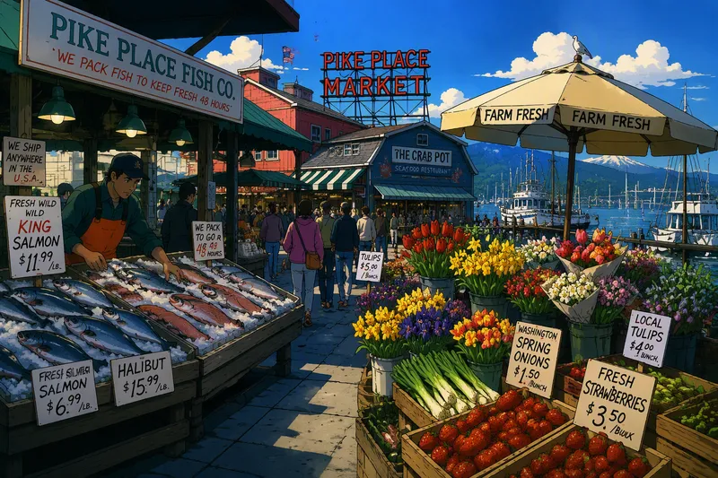 Pike Place Marketin värikkäät myyntikojut Pike Place Marketin värikkäät myyntikojut